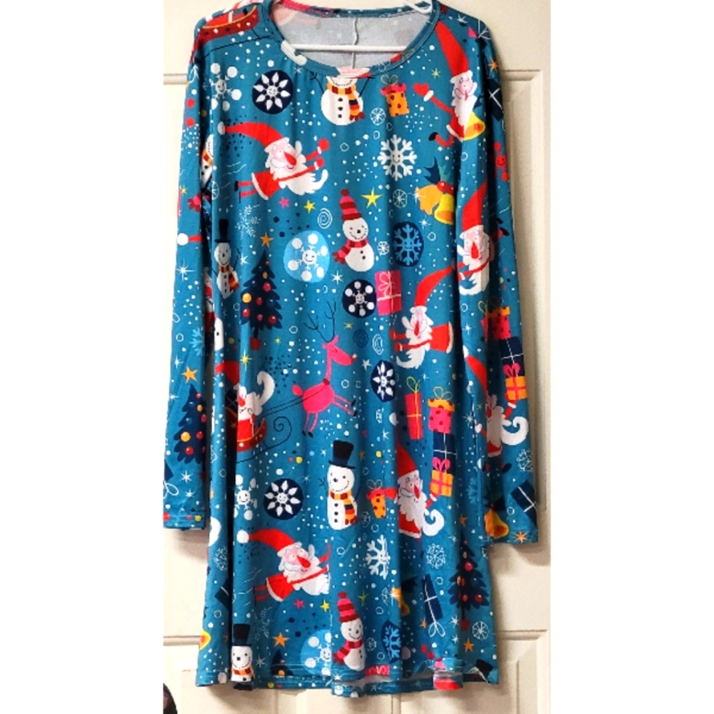 Christmas Dress Snowman Santa Snowflake Silky Feel Knee Length 2xl XXL Nwot